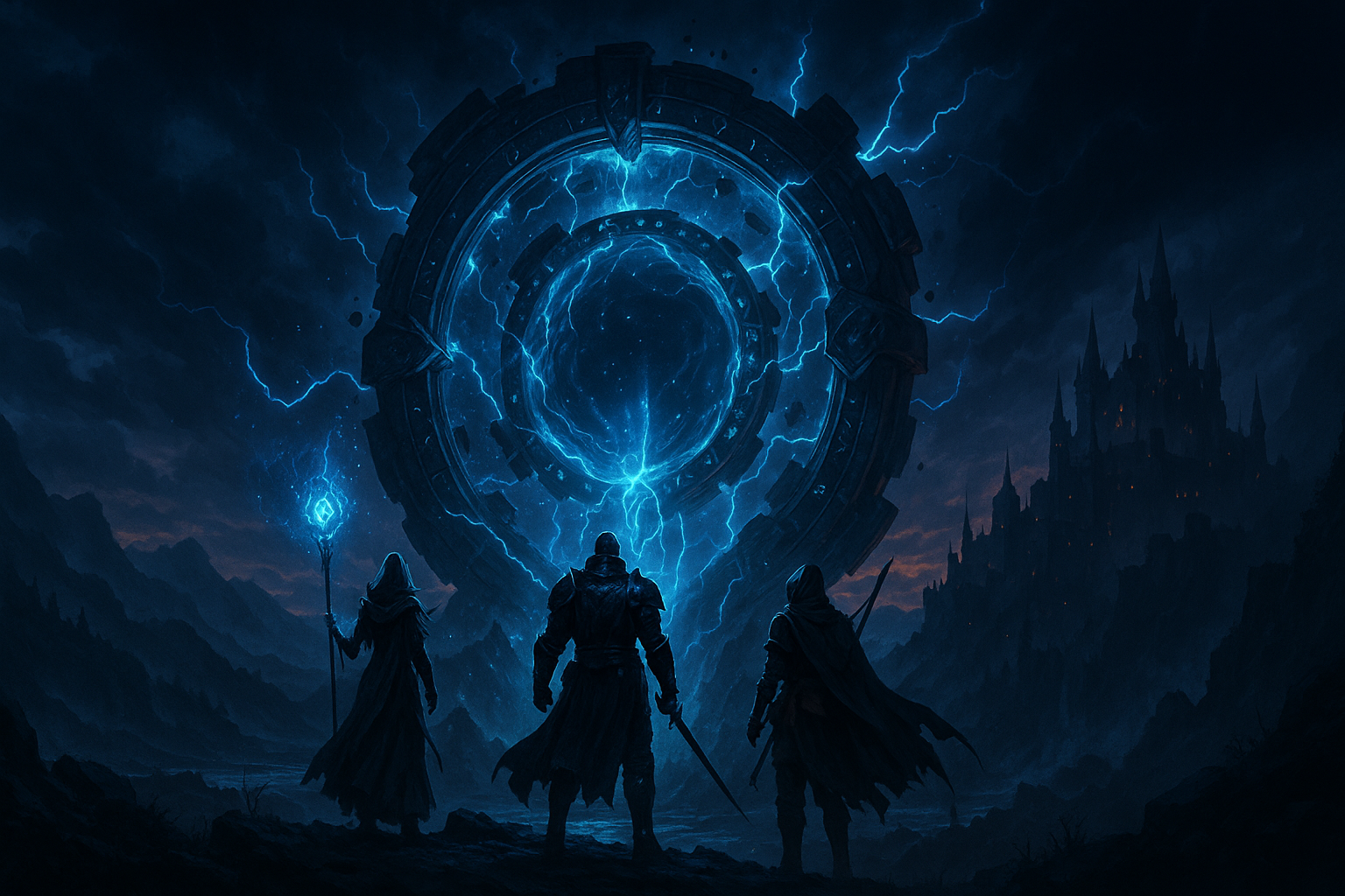 Visuel IA d’un monde MMORPG fantasy avec un portail mystique et des héros prêts au combat