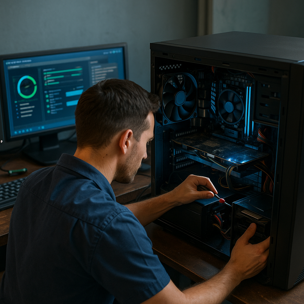 Technicien informatique travaillant sur un ordinateur      </picture>