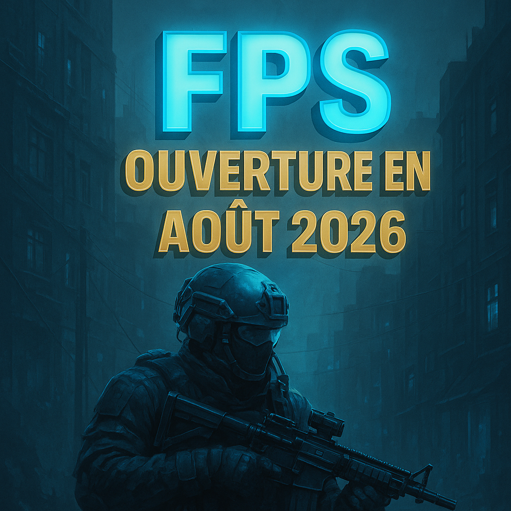 Visuel teaser d'un FPS futuriste sombre, ambiance néon bleue